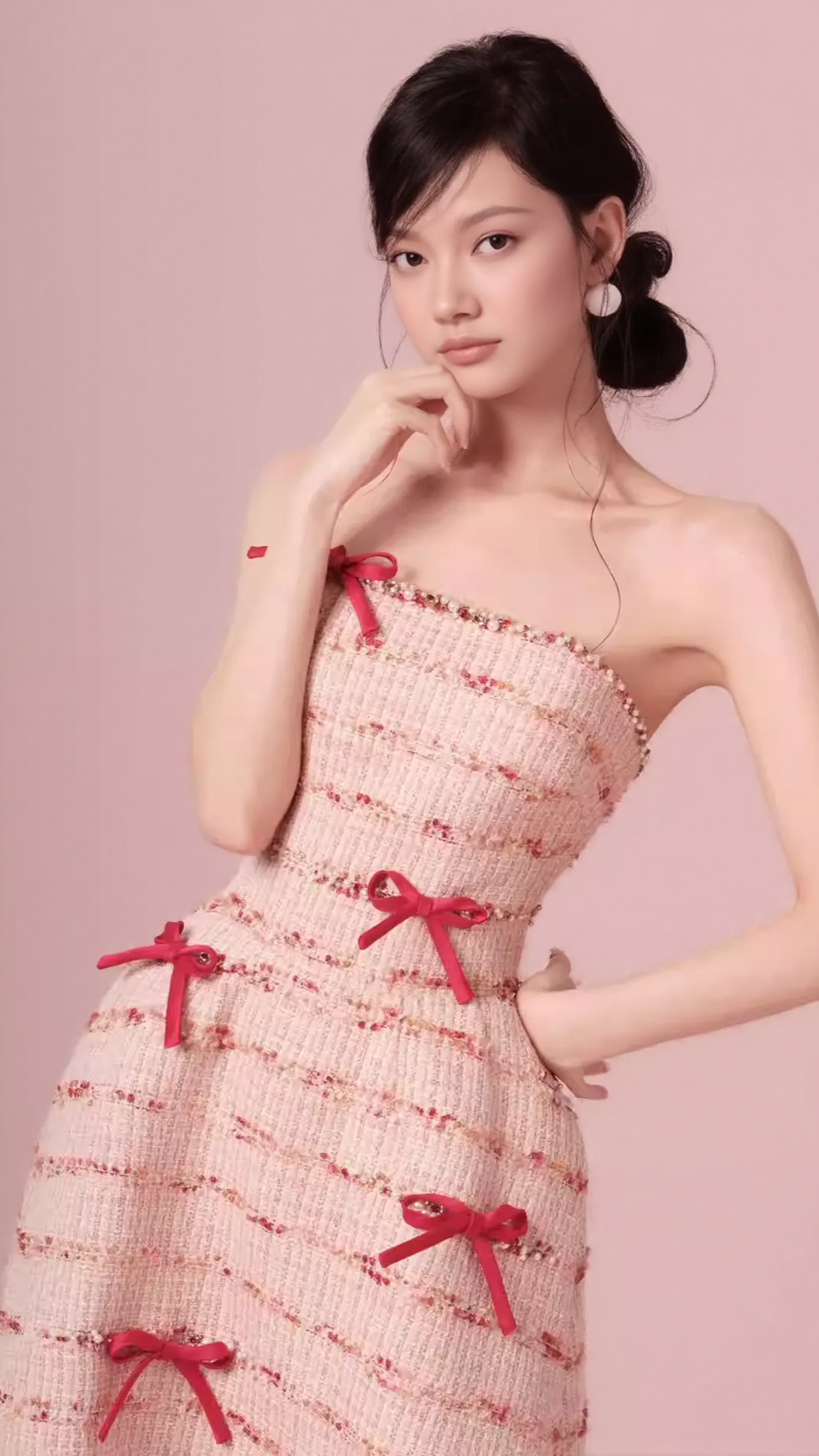 AIIZIE STRAPLESS BOW BEADED MIDI DRESS IN PINK - product image