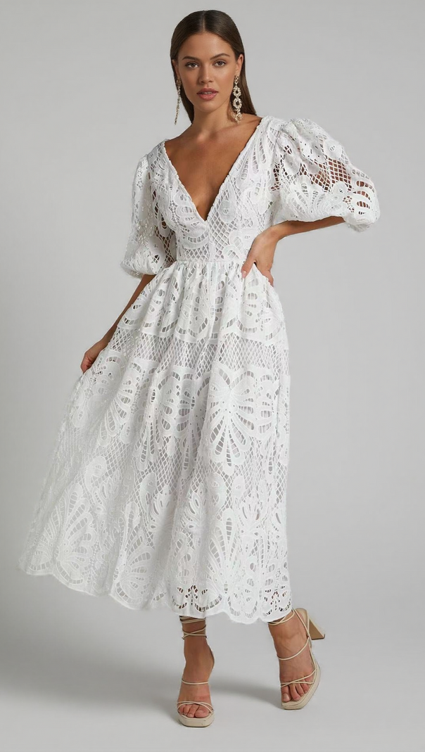 AIIZIE V NECK CUT OUT LACE MIDI DRESS IN WHITE - product image