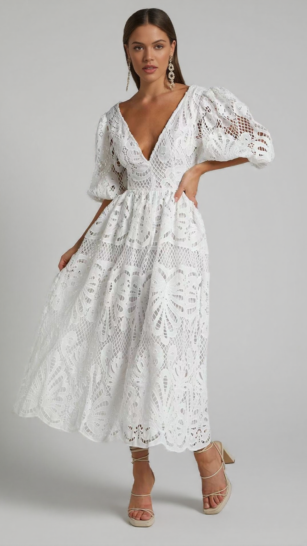 V NECK CUT OUT LACE MIDI DRESS IN WHITE