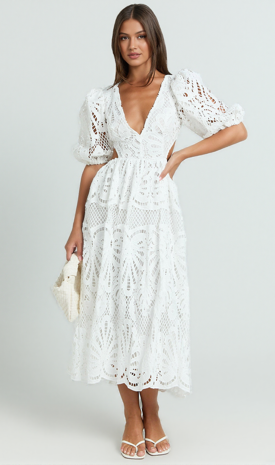 V Neck Cut Out Lace Midi Dress In White