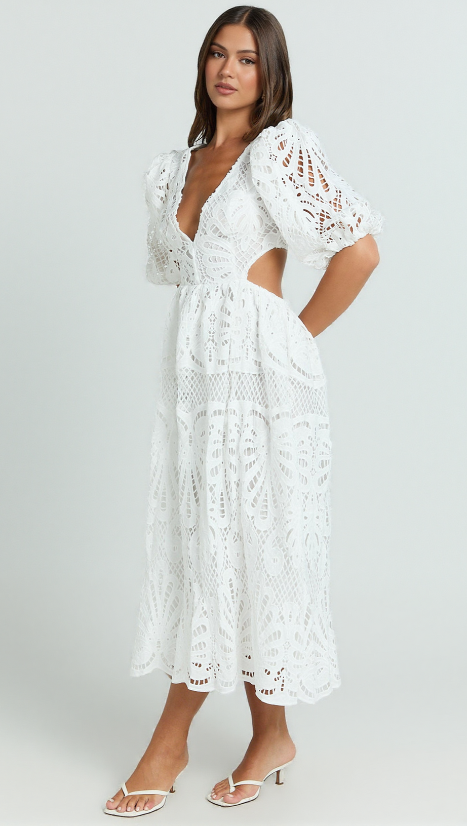V NECK CUT OUT LACE MIDI DRESS IN WHITE