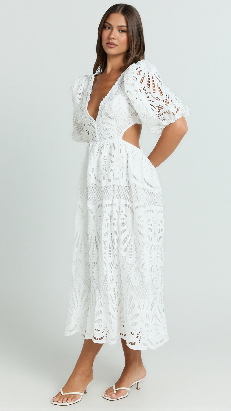 V NECK CUT OUT LACE MIDI DRESS IN WHITE