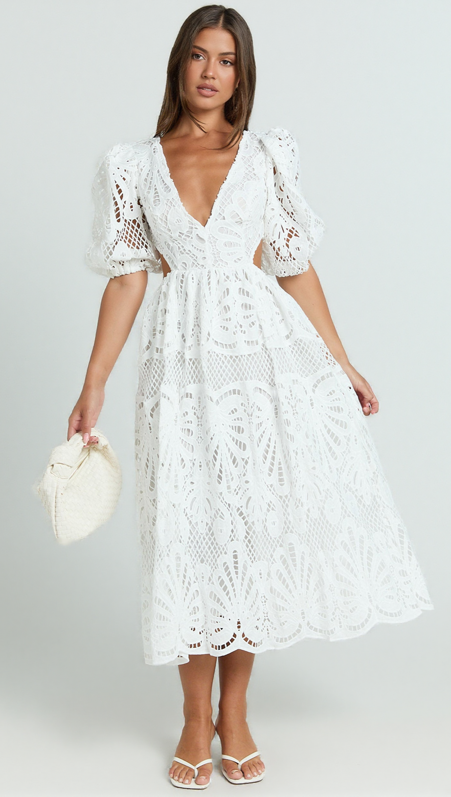 V NECK CUT OUT LACE MIDI DRESS IN WHITE
