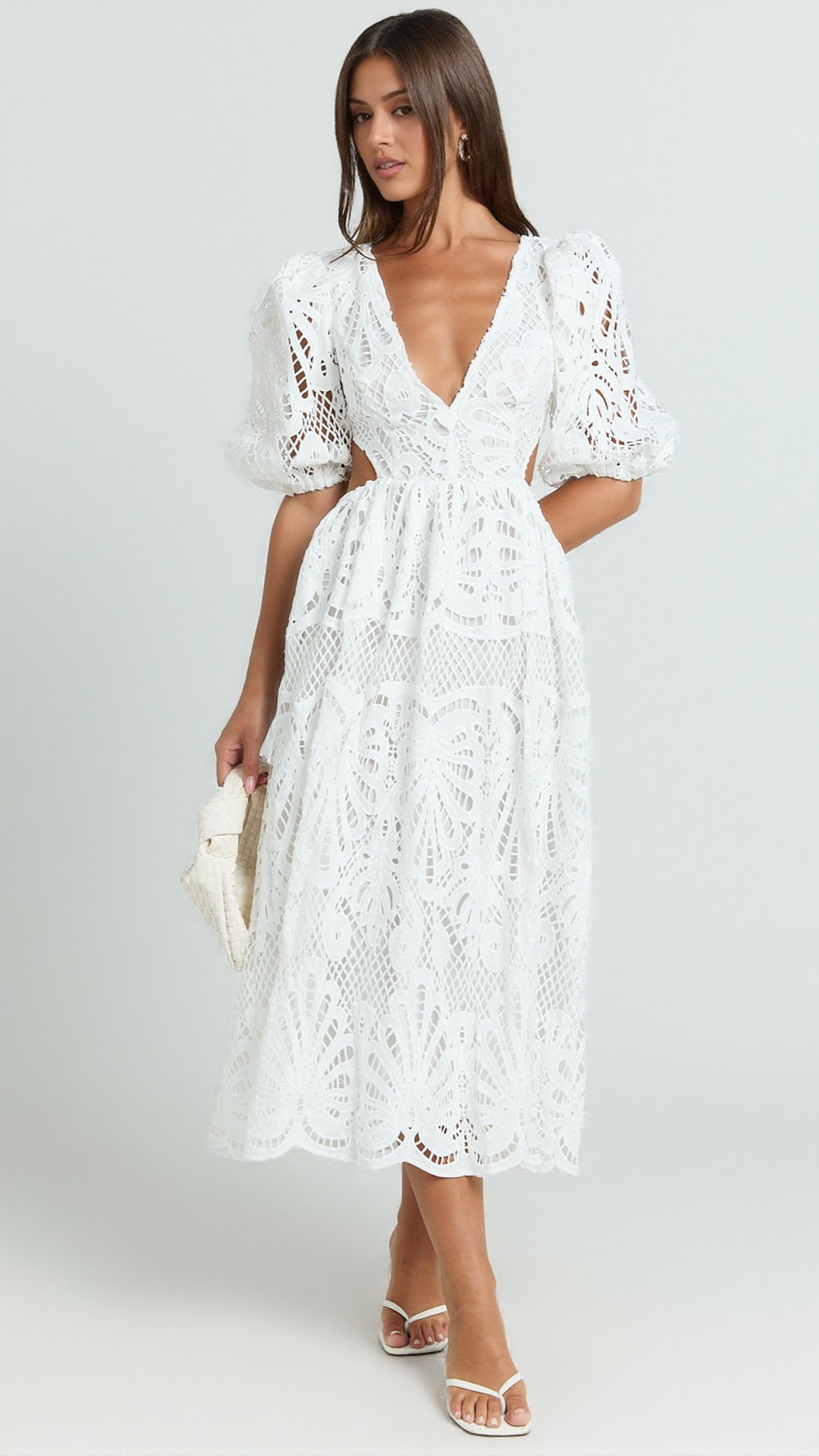 AIIZIE V NECK CUT OUT LACE MIDI DRESS IN PINK - product image