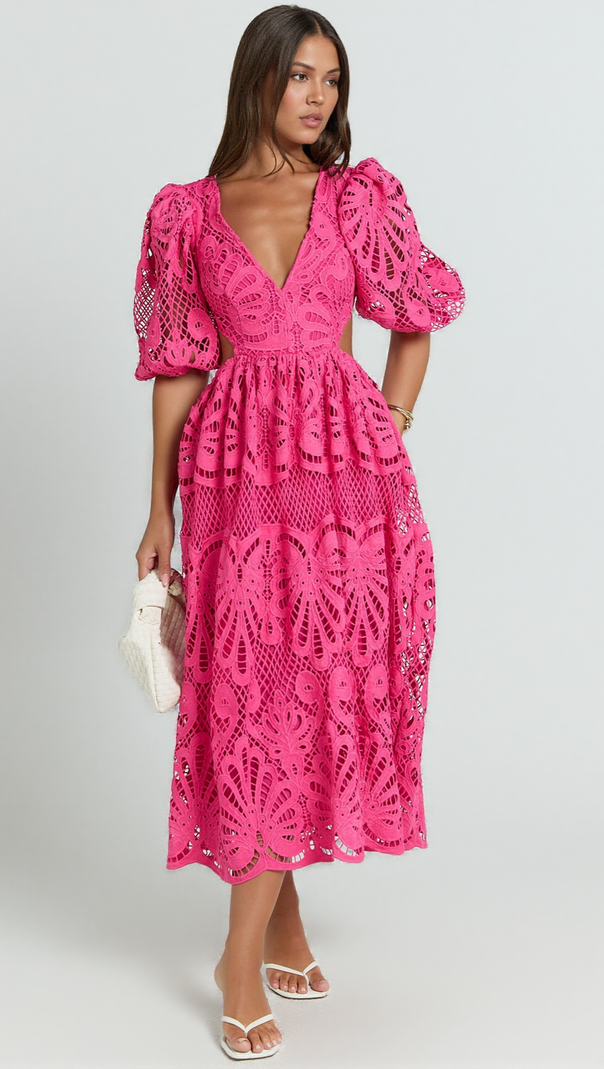 AIIZIE V NECK CUT OUT LACE MIDI DRESS IN PINK - product image