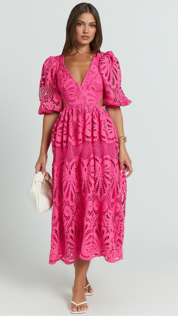 AIIZIE V NECK CUT OUT LACE MIDI DRESS IN PINK - product image