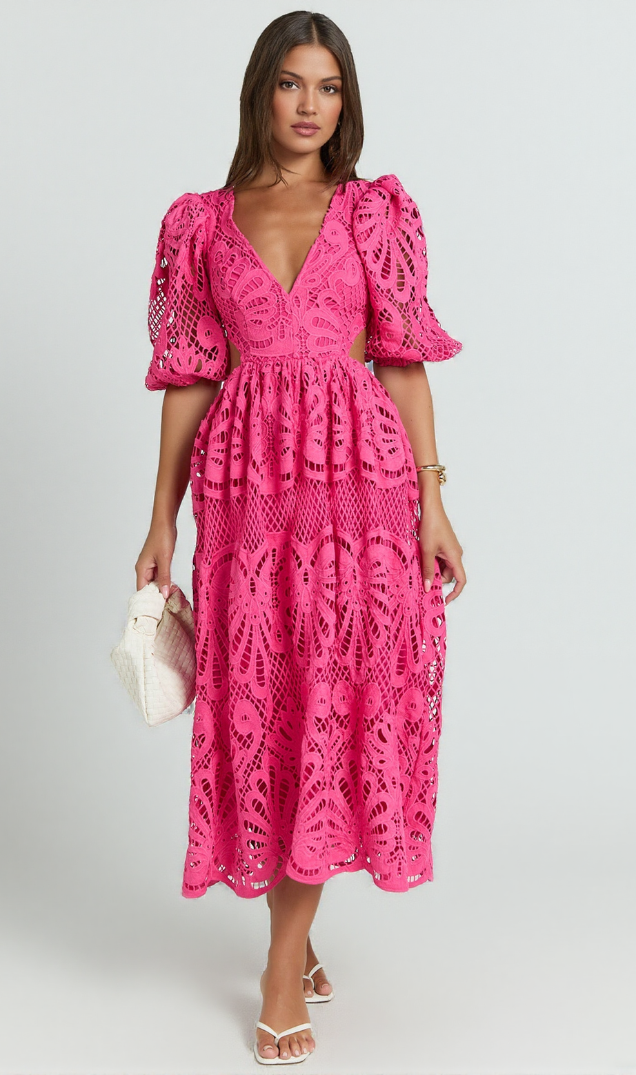 V Neck Cut Out Lace Midi Dress In Pink