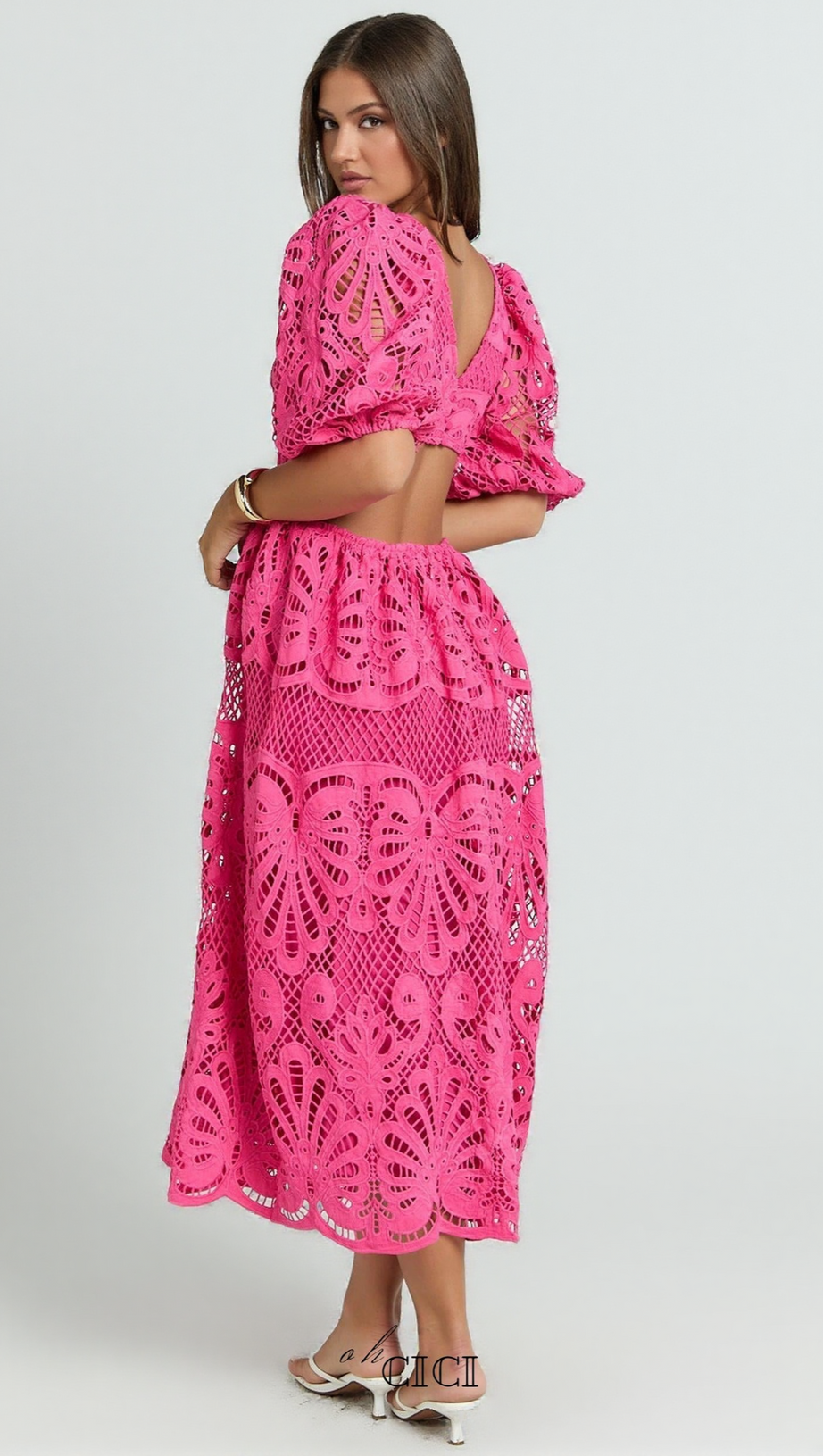 V NECK CUT OUT LACE MIDI DRESS IN PINK