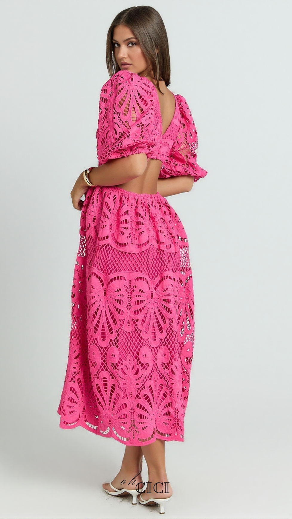 AIIZIE V NECK CUT OUT LACE MIDI DRESS IN PINK - product image