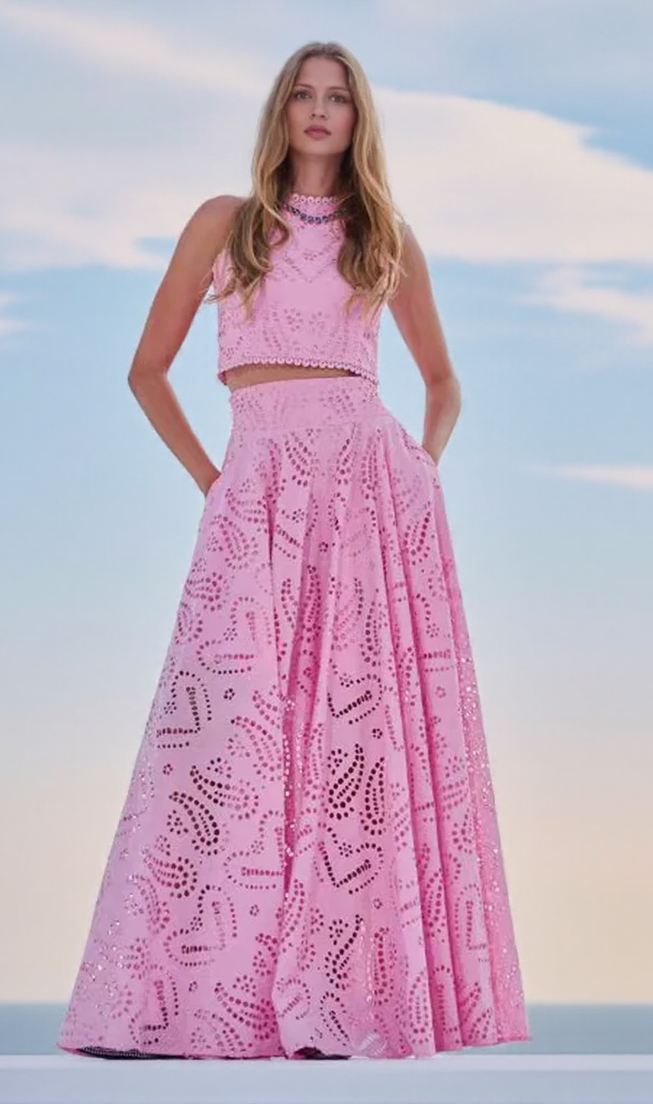 Eyelet Lace Top and Maxi Skirt Set In Pink
