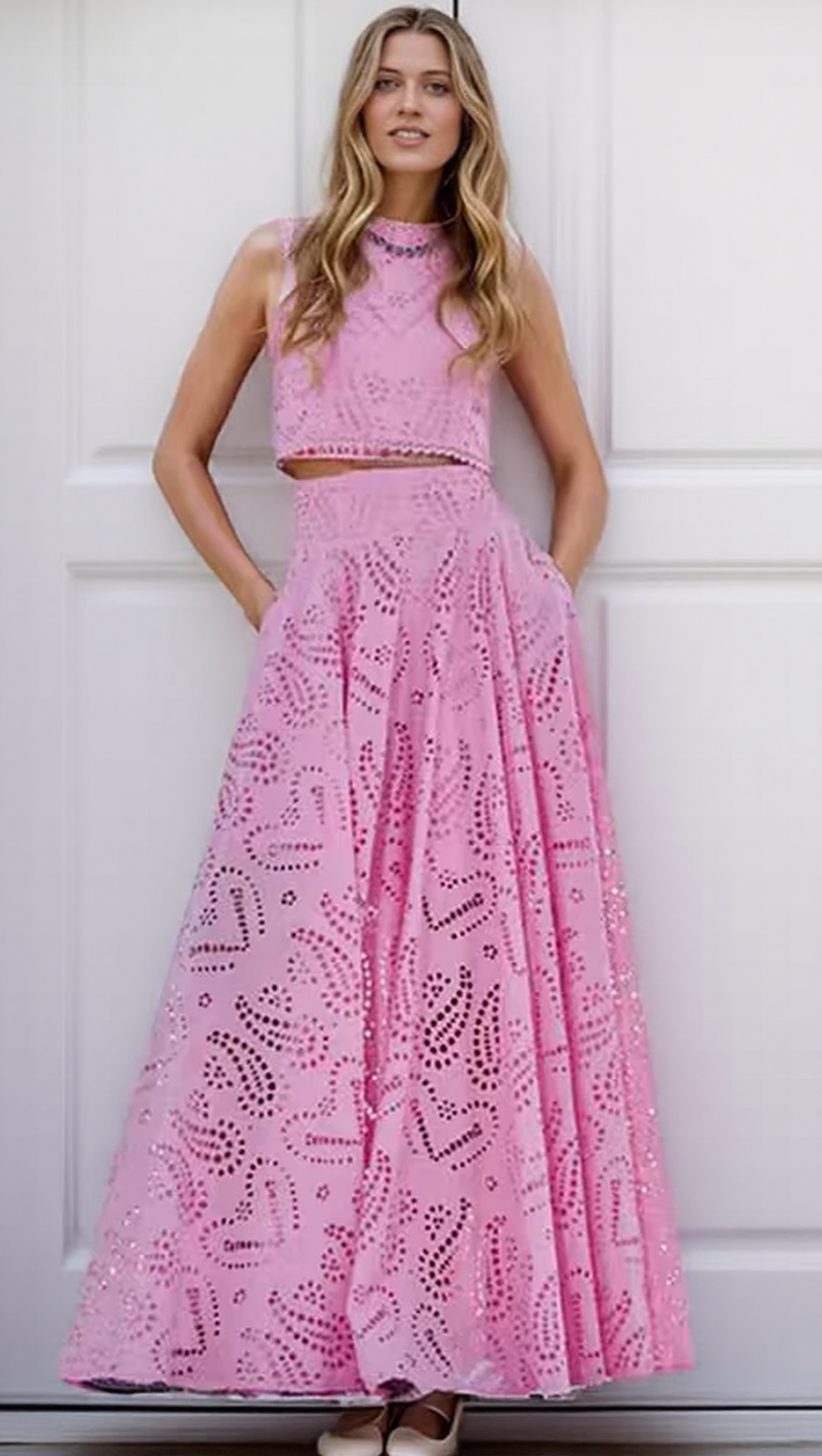 EYELET LACE TOP AND MAXI SKIRT SET IN PINK