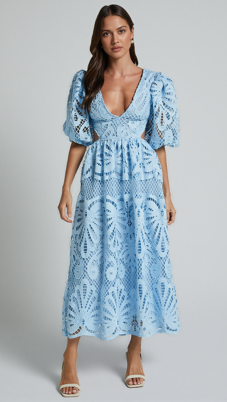 V NECK CUT OUT LACE MIDI DRESS IN BLUE