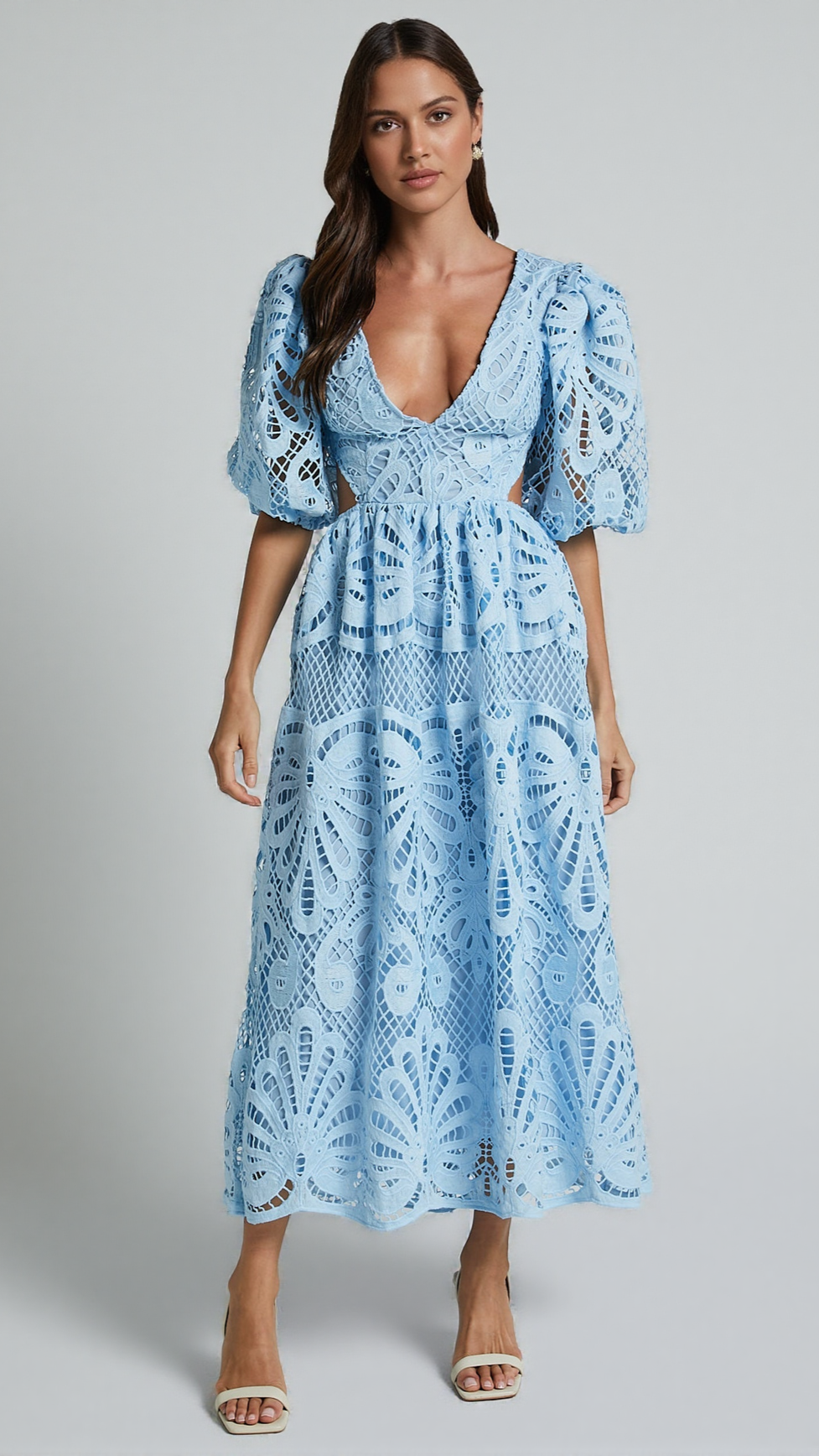 AIIZIE V NECK CUT OUT LACE MIDI DRESS IN BLUE - product image