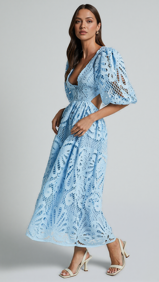 AIIZIE V NECK CUT OUT LACE MIDI DRESS IN BLUE - product image
