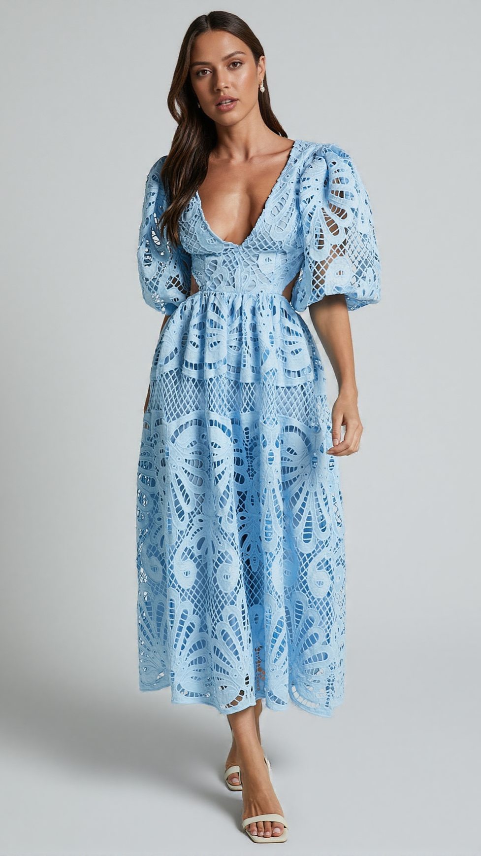AIIZIE V NECK CUT OUT LACE MIDI DRESS IN BLUE - product image