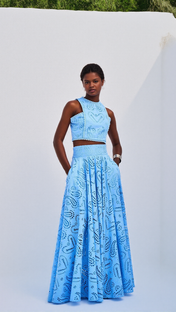 AIIZIE EYELET LACE TOP AND MAXI SKIRT SET IN PINK - product image
