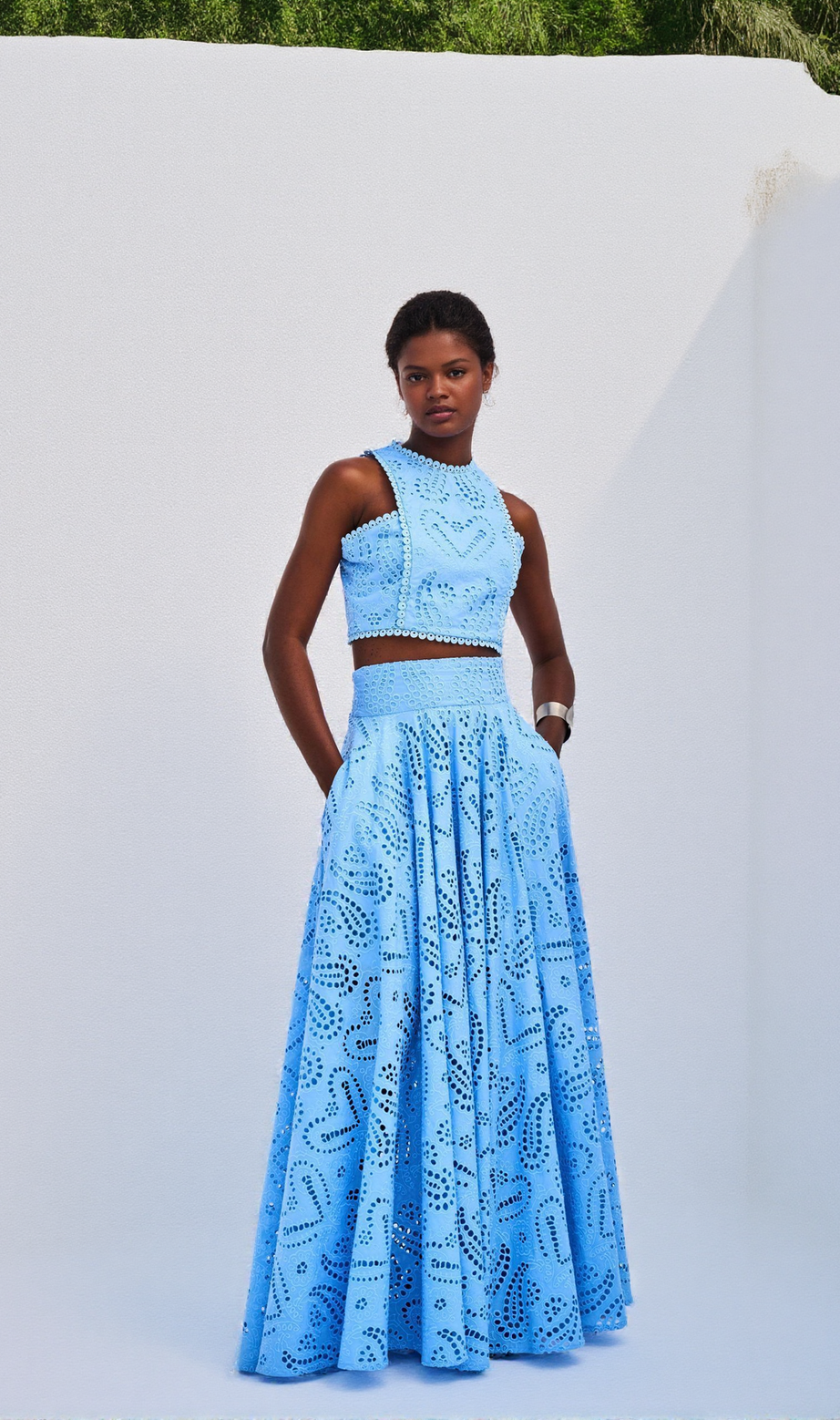 Eyelet Lace Top and Maxi Skirt Set In Blue