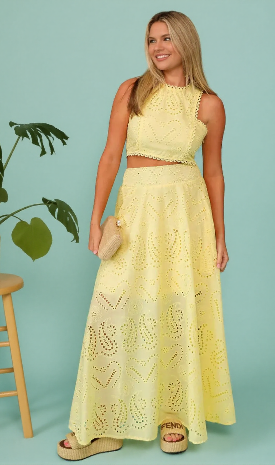 Eyelet Lace Top and Maxi Skirt Set In Yellow
