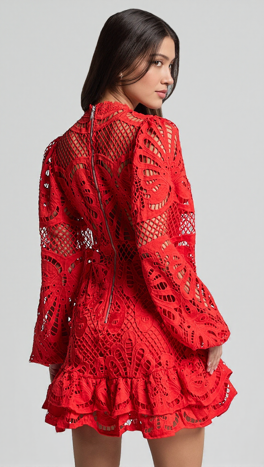 LONG PUFF SLEEVE LACE MINI DRESS IN RED