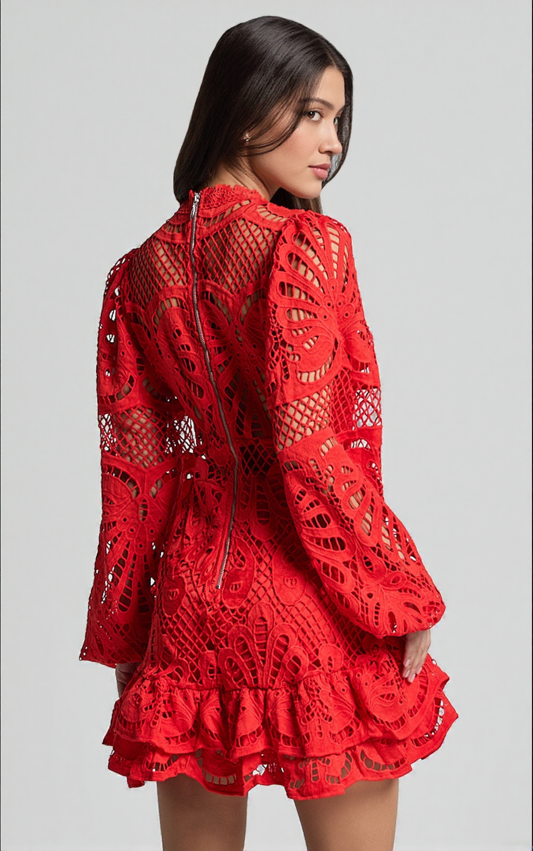 AIIZIE LONG PUFF SLEEVE LACE MINI DRESS IN RED - product image
