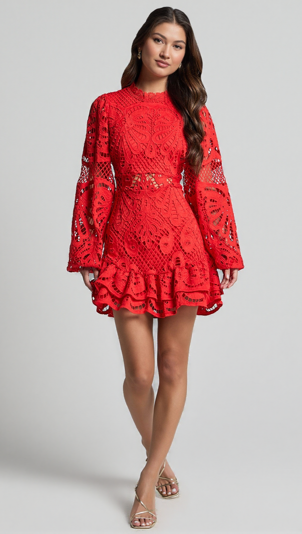 AIIZIE LONG PUFF SLEEVE LACE MINI DRESS IN RED - product image