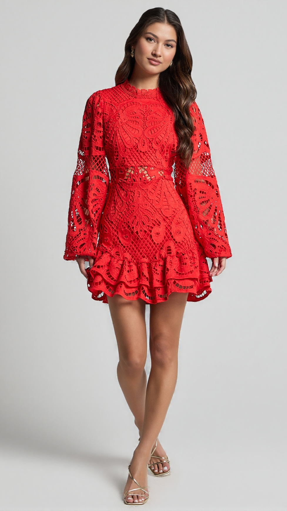 LONG PUFF SLEEVE LACE MINI DRESS IN RED