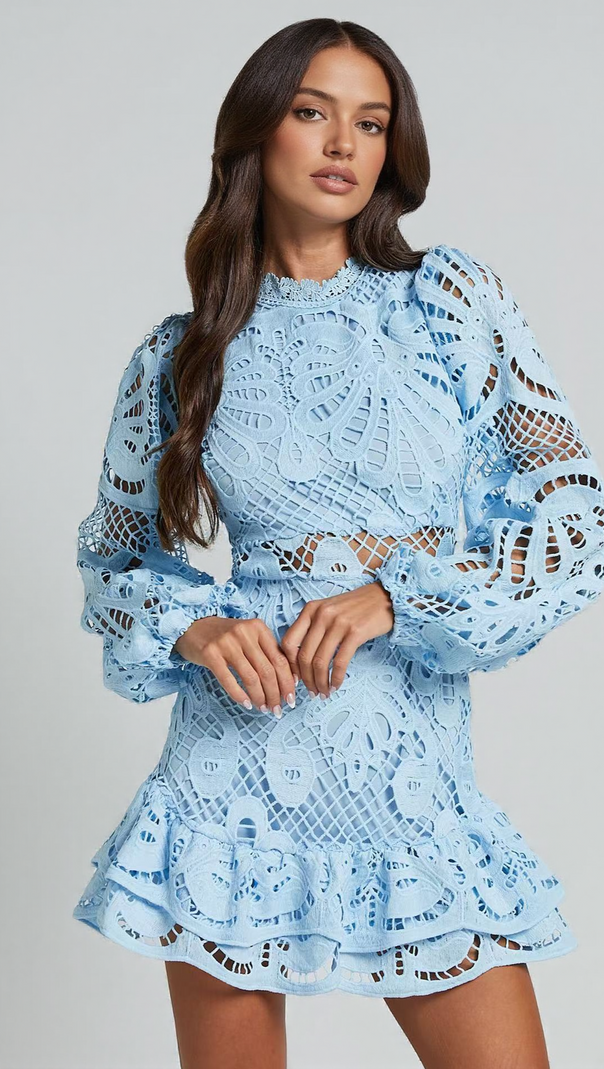 AIIZIE LONG PUFF SLEEVE LACE MINI DRESS IN BLUE - product image