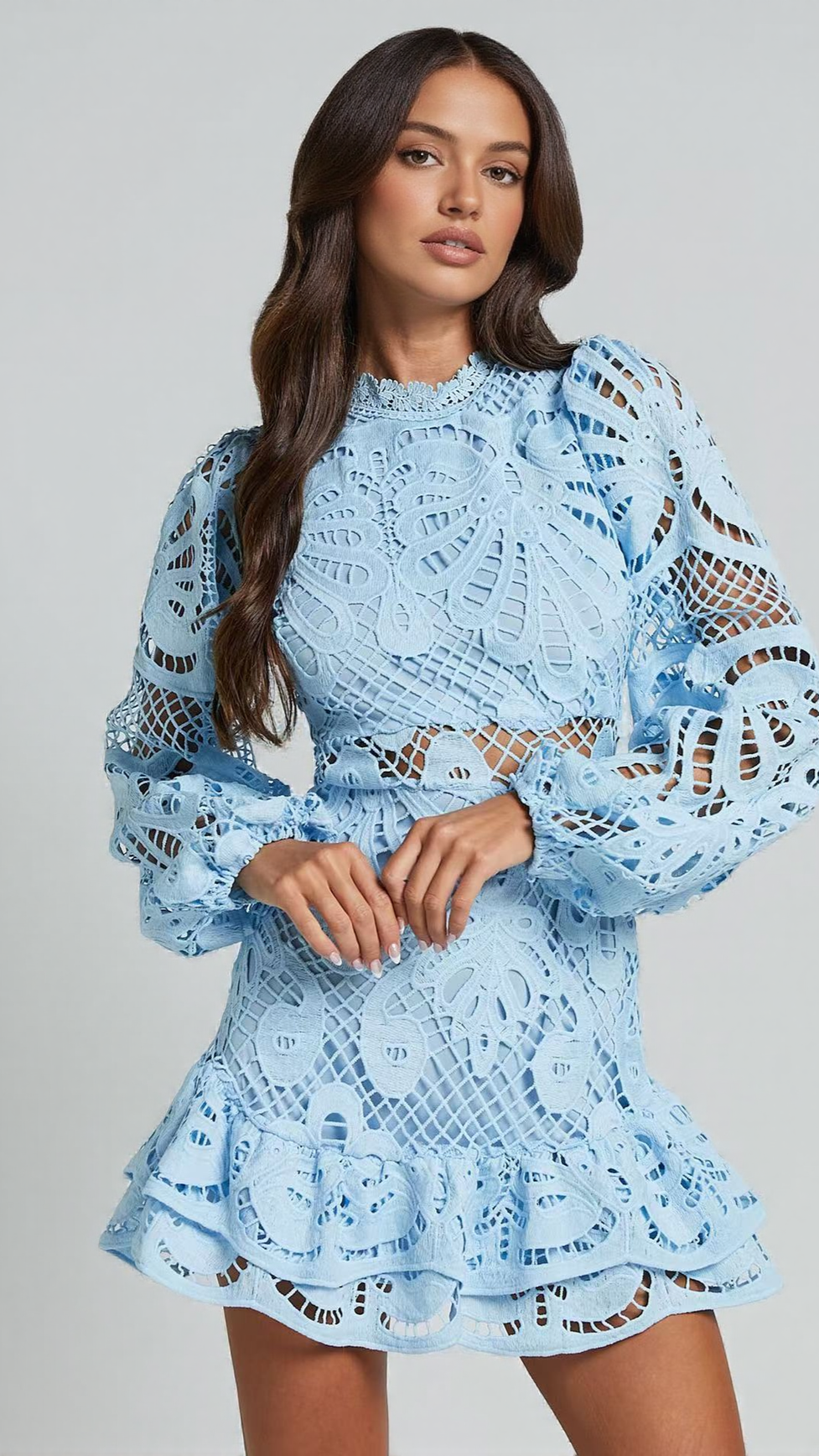 AIIZIE LONG PUFF SLEEVE LACE MINI DRESS IN BLUE - product image