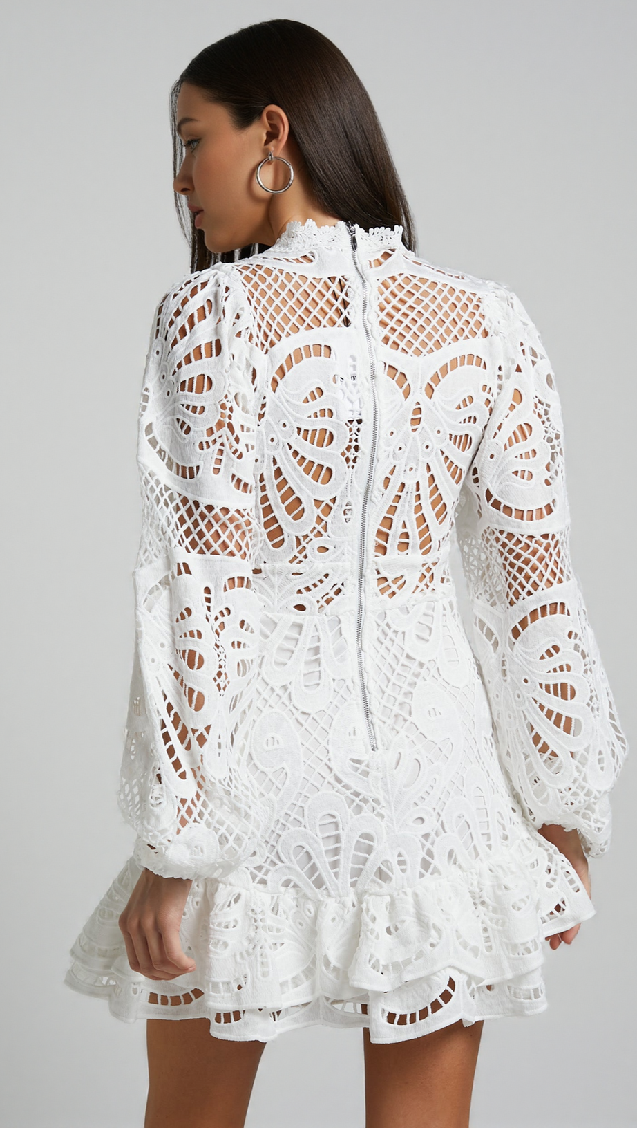 MINI ABITO IN PIZZO CON MANICHE A SBUFFO LUNGHE IN BIANCO