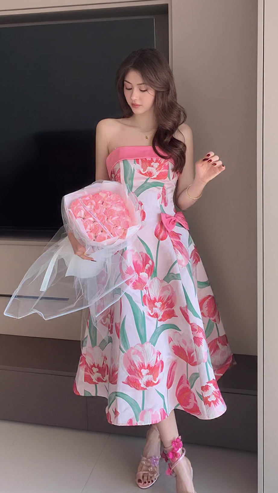 JACQUARD STRAP BOW MIDI DRESS IN PINK