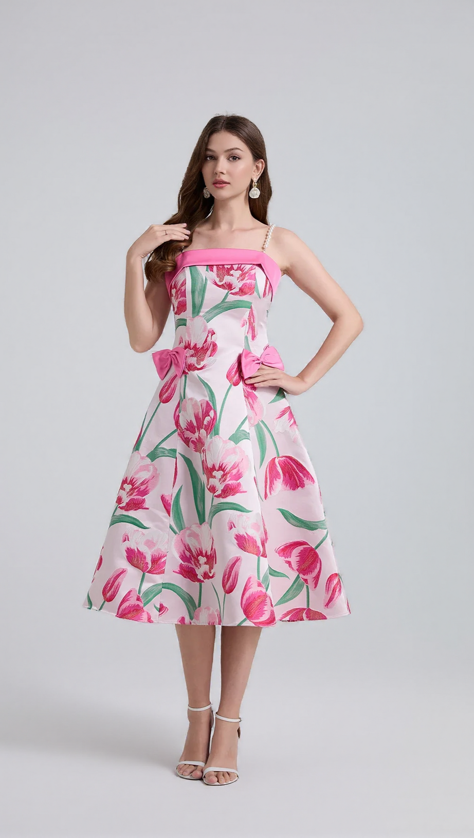 JACQUARD STRAP BOW MIDI DRESS IN PINK