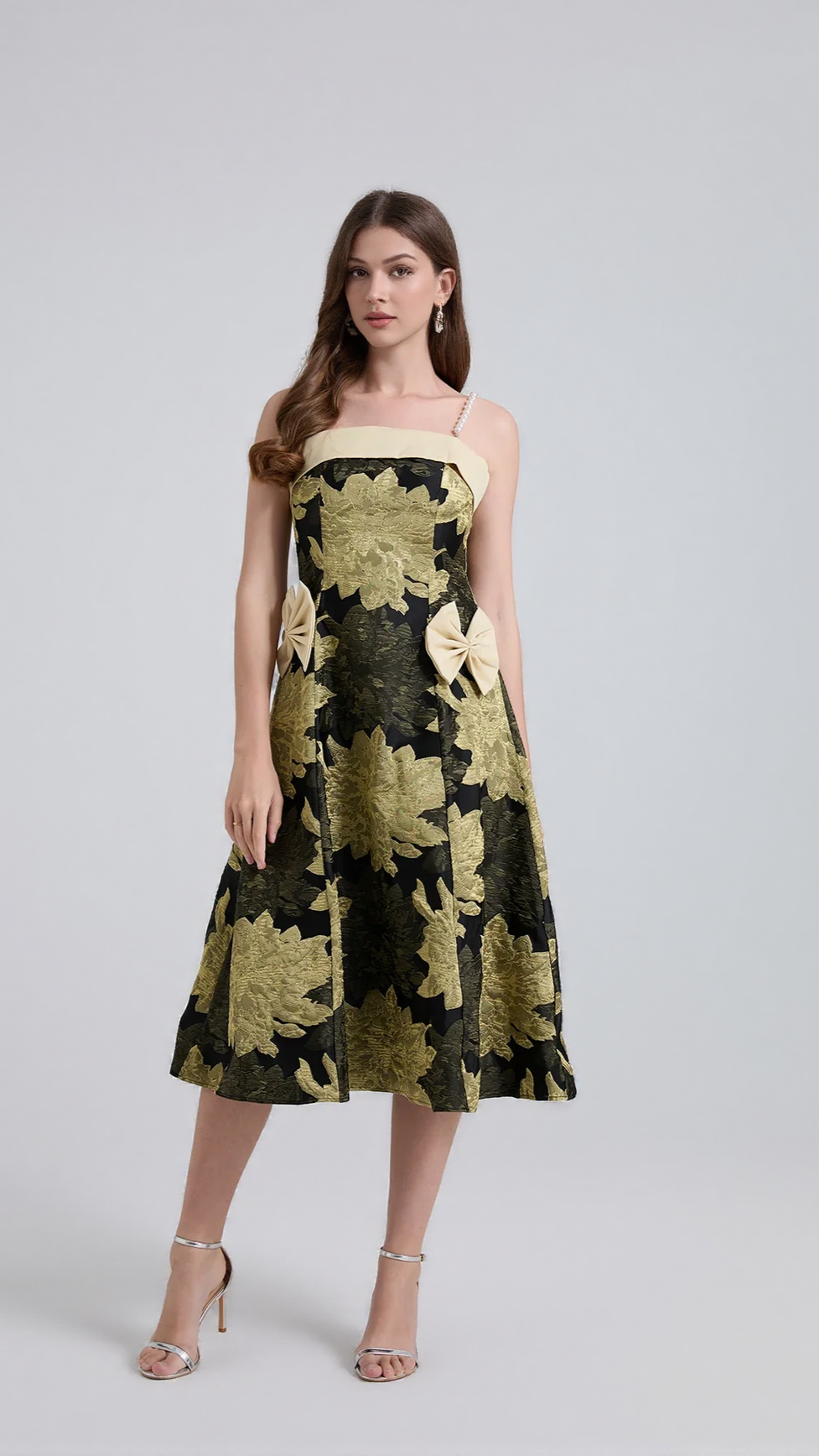JACQUARD STRAP BOW MIDI DRESS