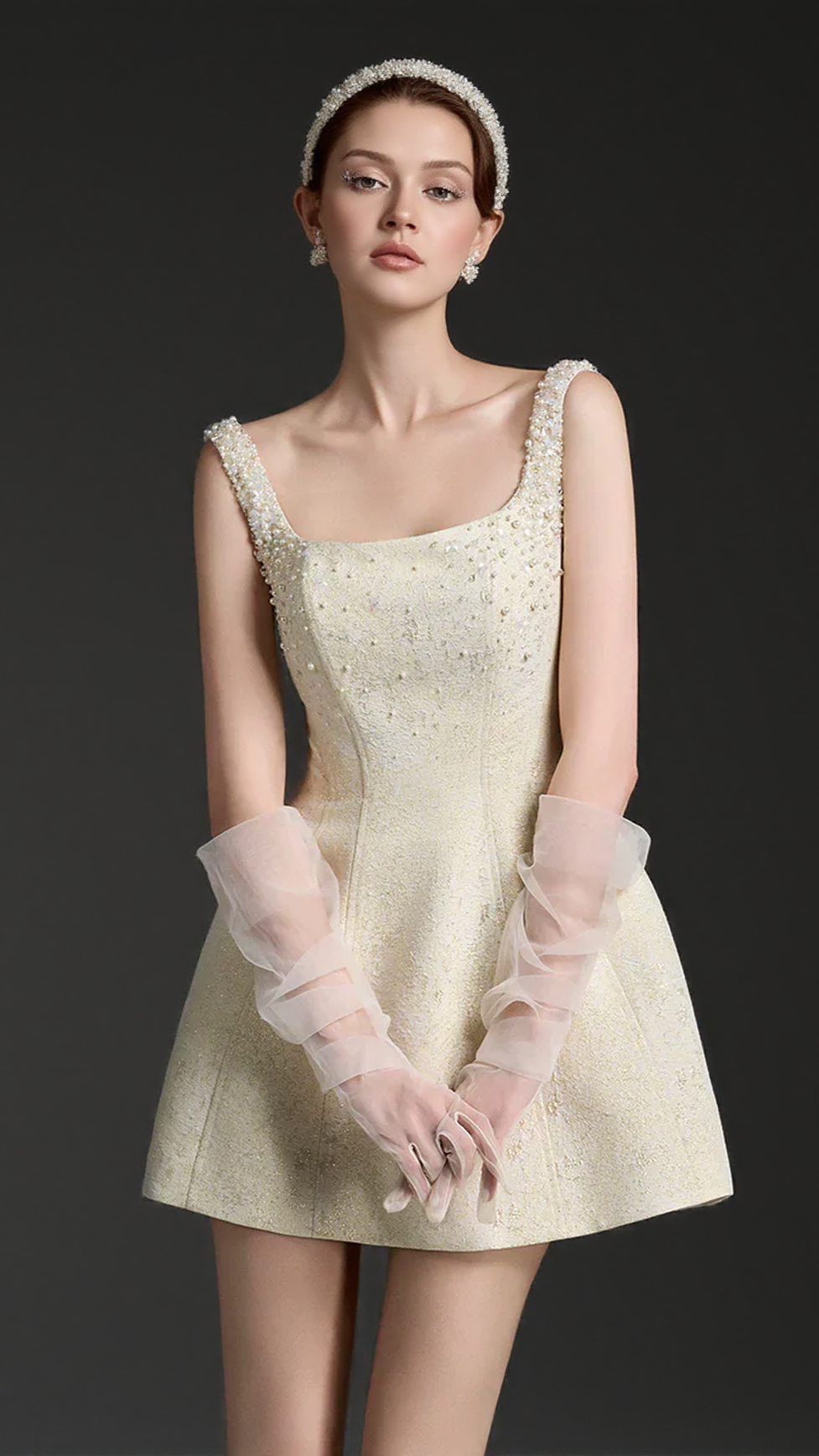 CORA LIGHT YELLOW SILK LINED LACQUERED BROCADE MINI DRESS