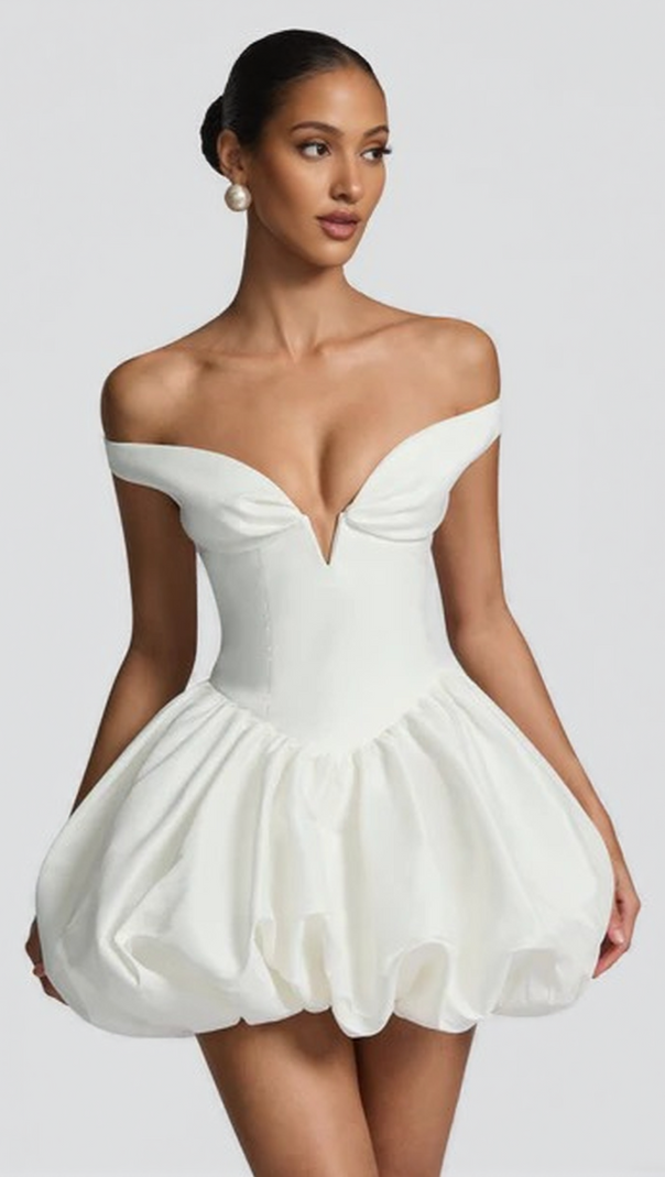 AIIZIE DAISY V-NECK STRAPLESS PUFFY MINI DRESS - IVORY - product image