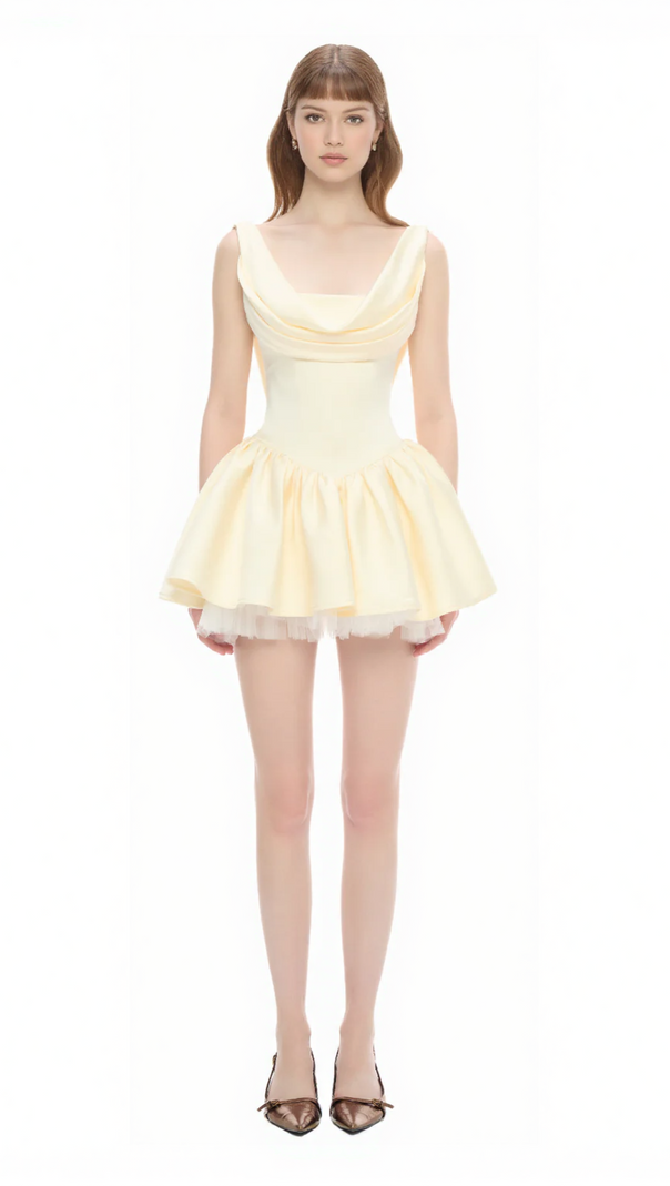 AIIZIE BERNICE BACKLESS PLEATED PUFFY MINI DRESS - CHAMPAGNE - product image