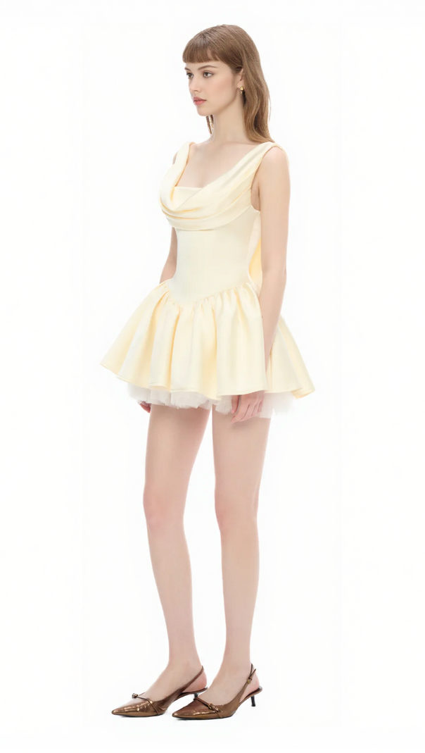 AIIZIE BERNICE BACKLESS PLEATED PUFFY MINI DRESS - CHAMPAGNE - product image
