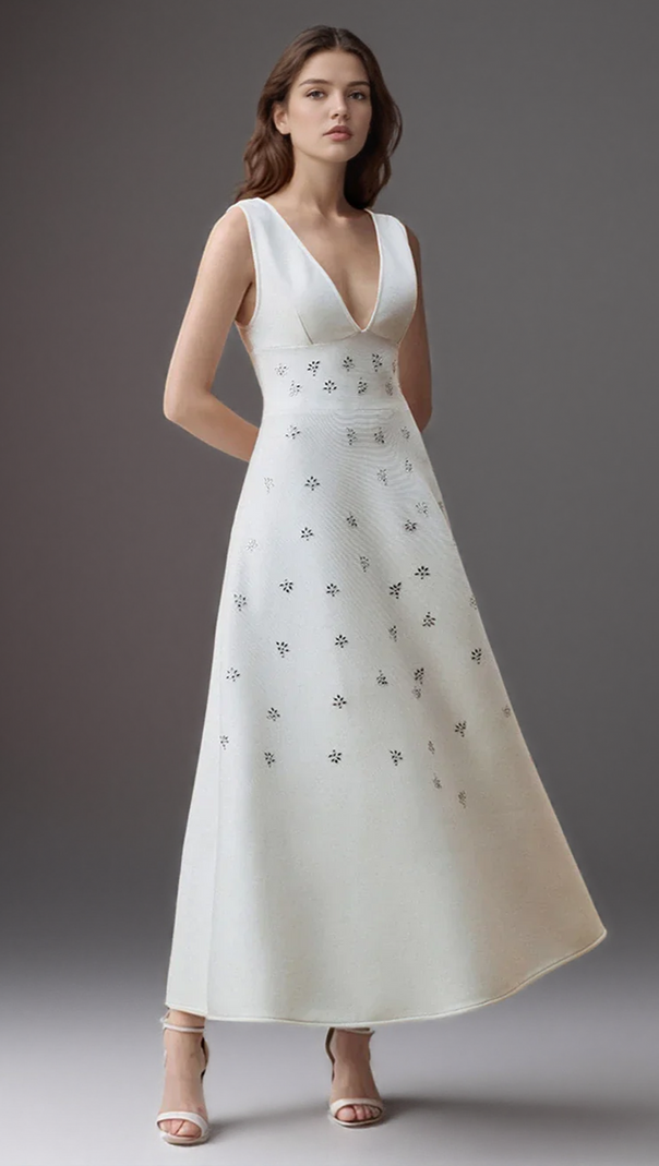 AIIZIE LILY DIAMOND V-NECK MIDI DRESS IN WHITE - product image