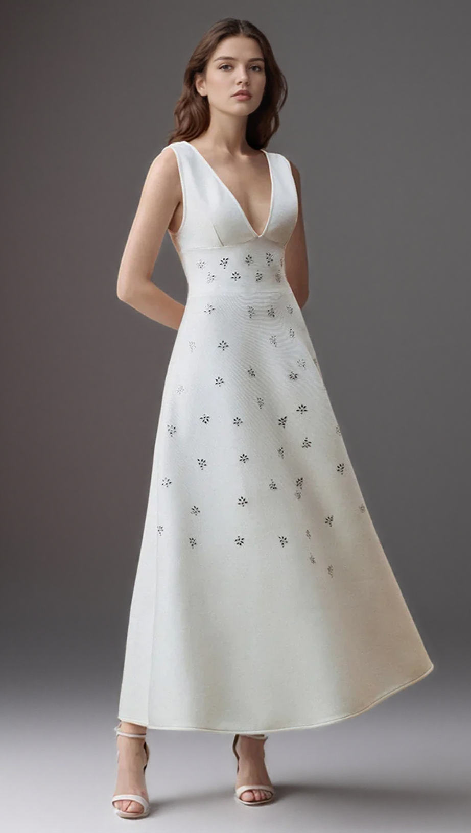 LILY DIAMOND V-NECK MIDI DRESS IN WHITE