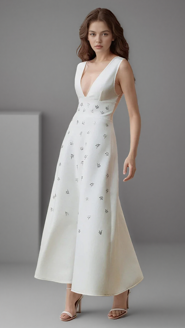 AIIZIE LILY DIAMOND V-NECK MIDI DRESS IN WHITE - product image
