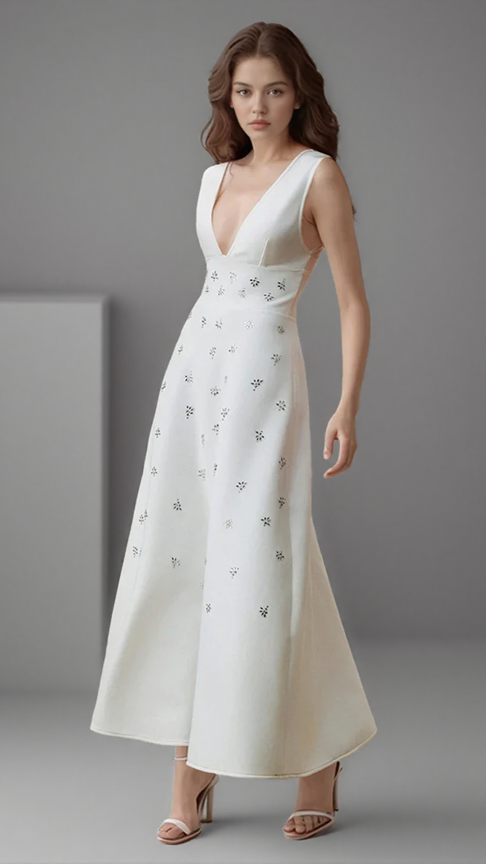 AIIZIE LILY DIAMOND V-NECK MIDI DRESS IN WHITE - product image
