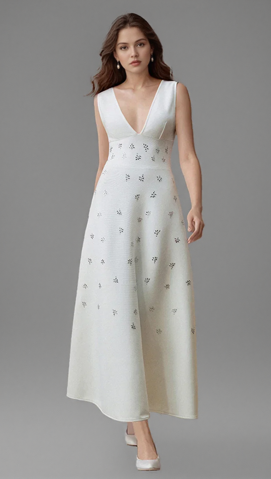 LILY DIAMOND V-NECK MIDI DRESS IN WHITE