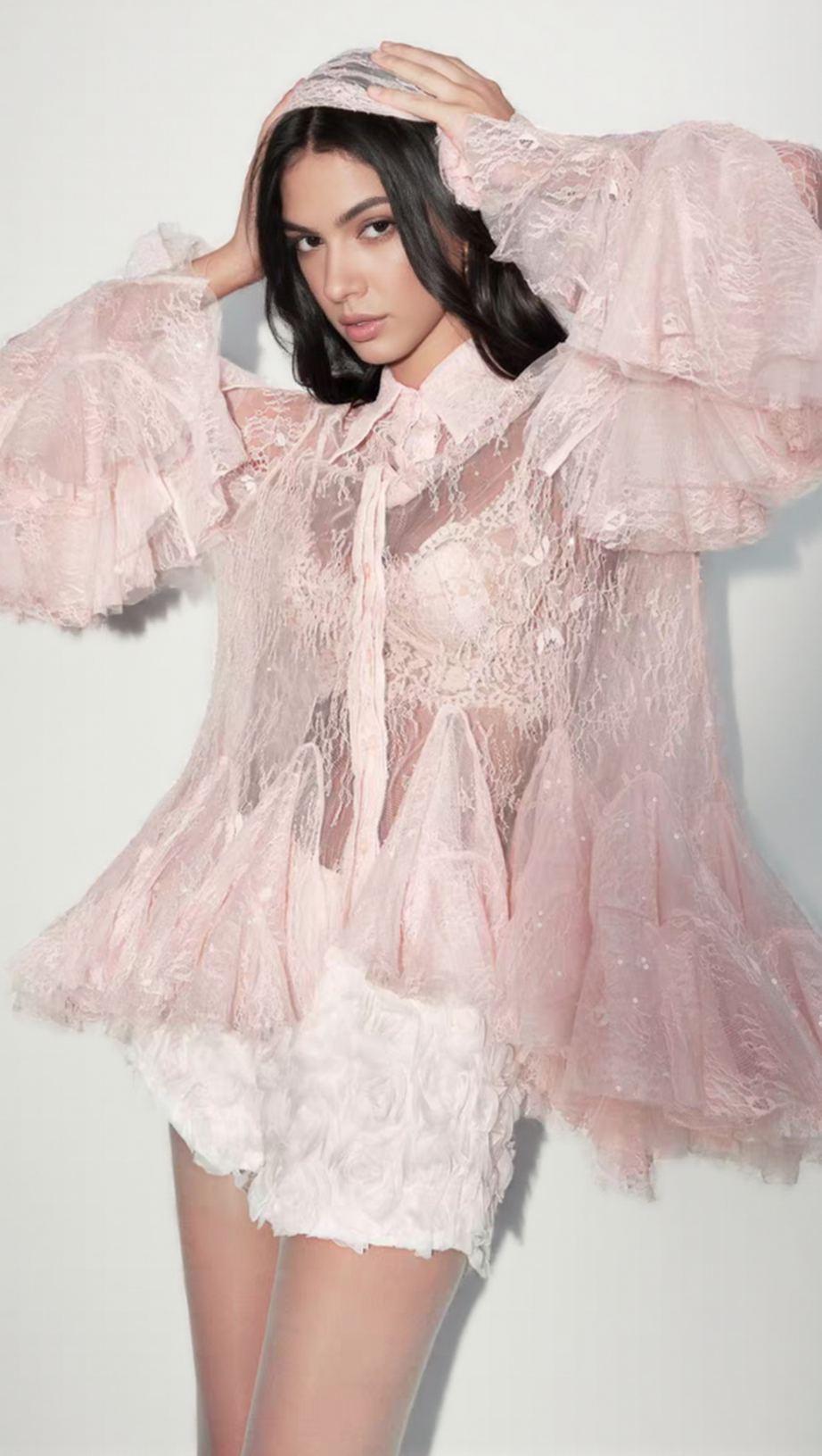 LACE TRUMPET SLEEVE SHIRT SHORT TWO-PIECE SET