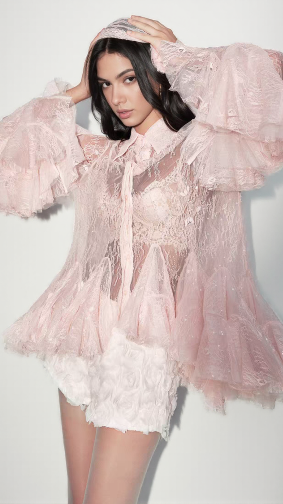 LACE TRUMPET SLEEVE SHIRT SHORT TWO-PIECE SET