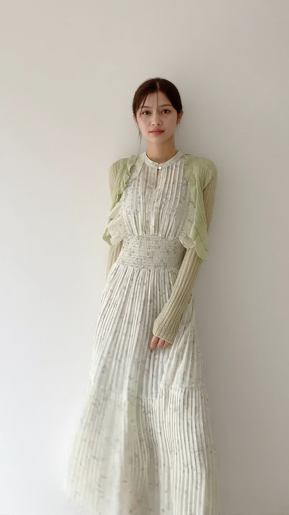 AIIZIE AUDREY SLEEVELESS PLEATED FLORAL MIDI DRESS IN MINT GREEN - product image