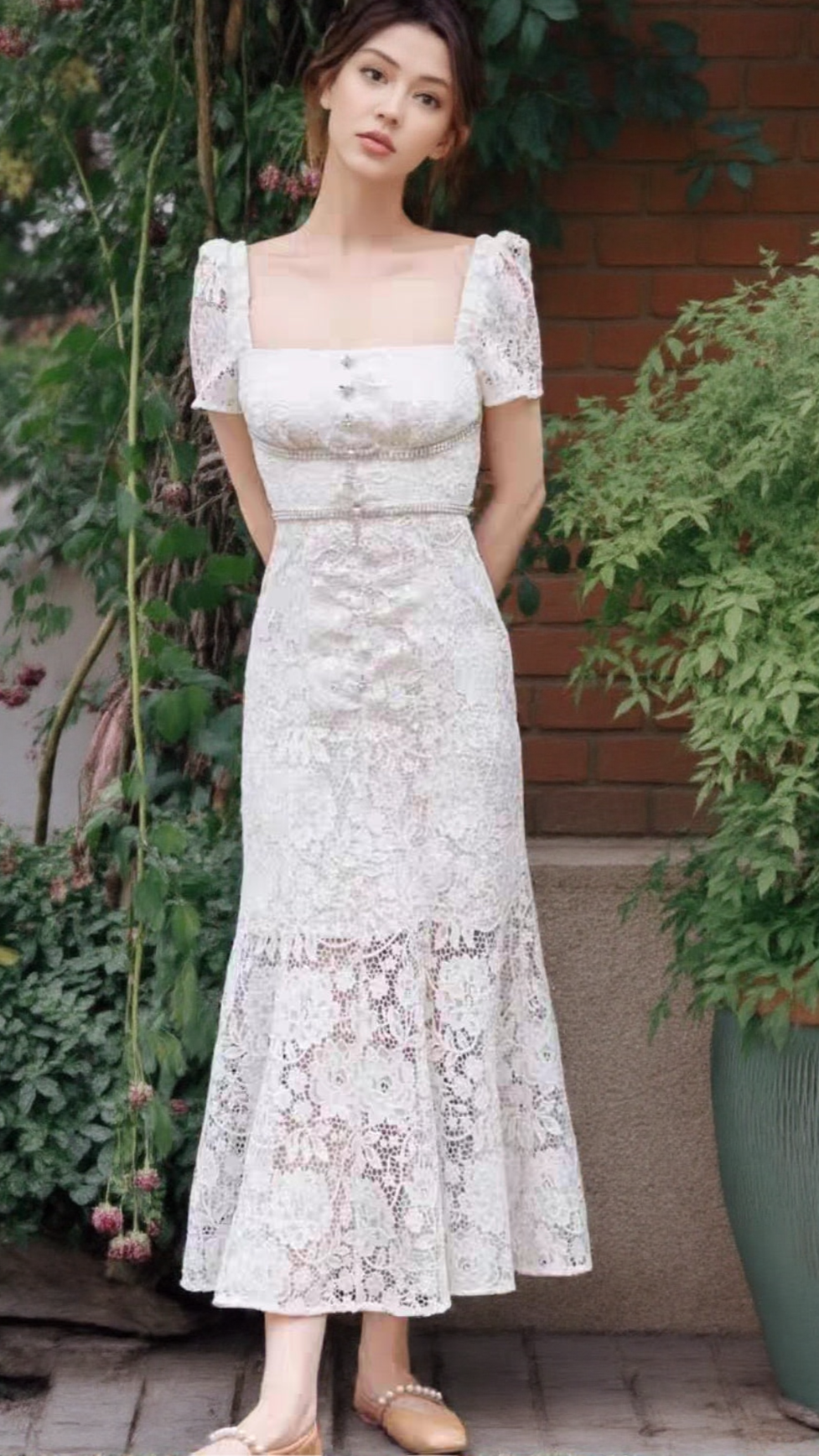 AIIZIE EMBROIDERED LACE MIDI DRESS IN CREAM - product image