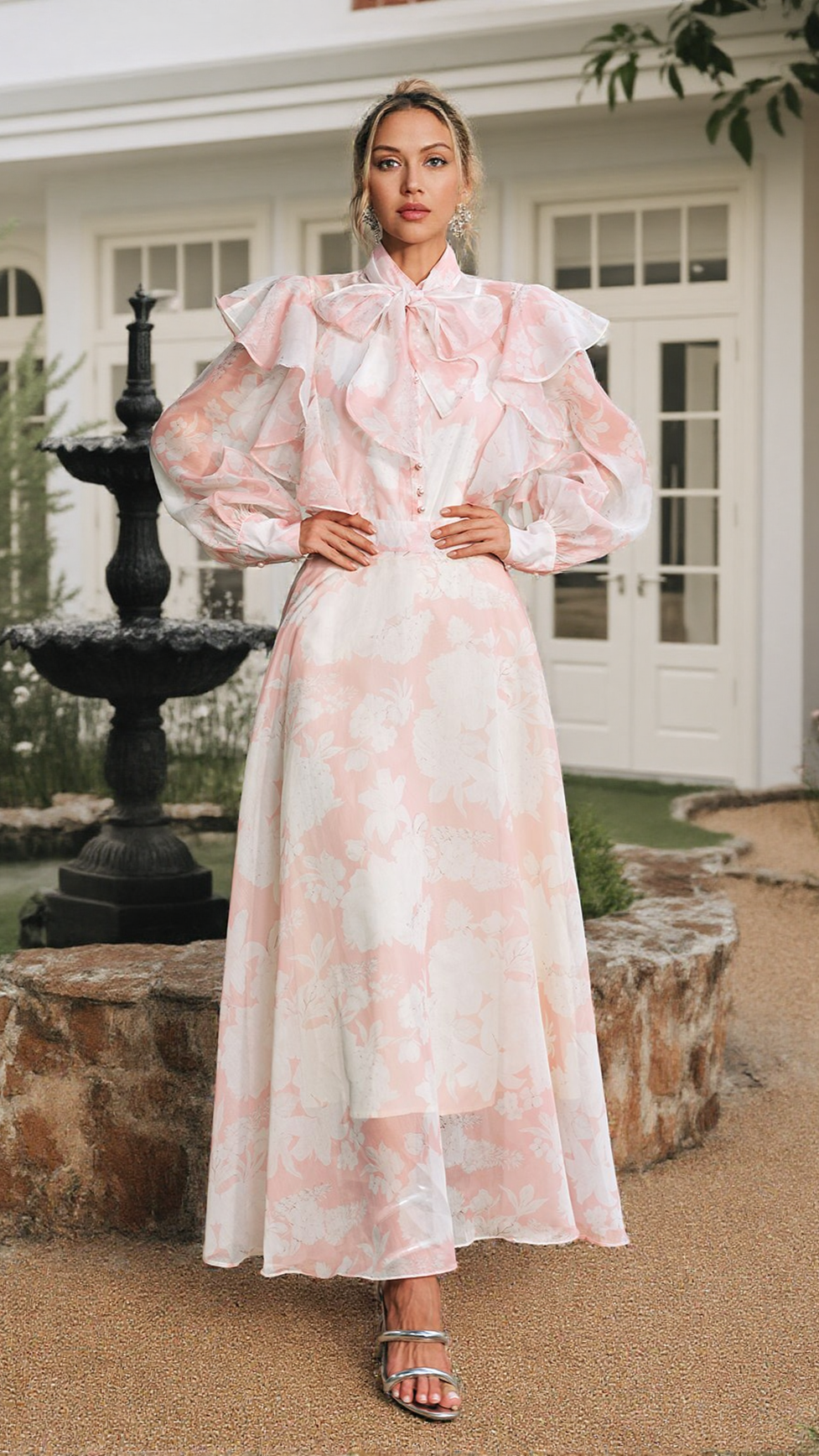 AMANDA HIGH NECK FLORAL ORGANZA BLOUSE MAXI SKIRT SET IN PINK