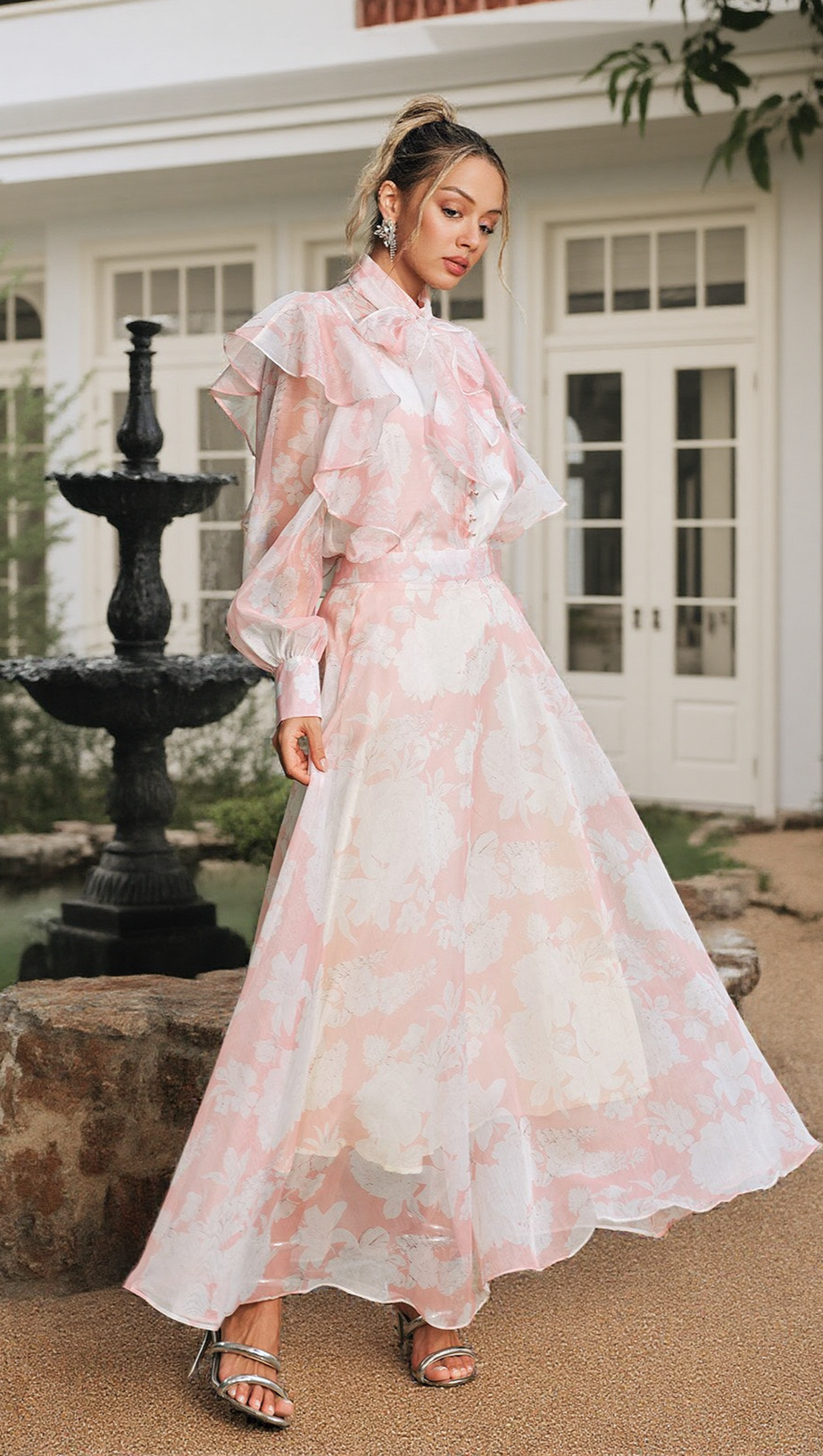 AMANDA HIGH NECK FLORAL ORGANZA BLOUSE MAXI SKIRT SET IN PINK