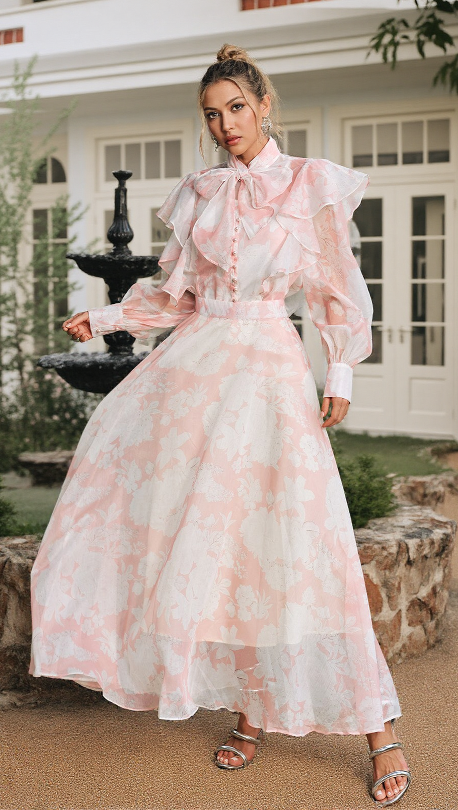AMANDA HIGH NECK FLORAL ORGANZA BLOUSE MAXI SKIRT SET IN PINK
