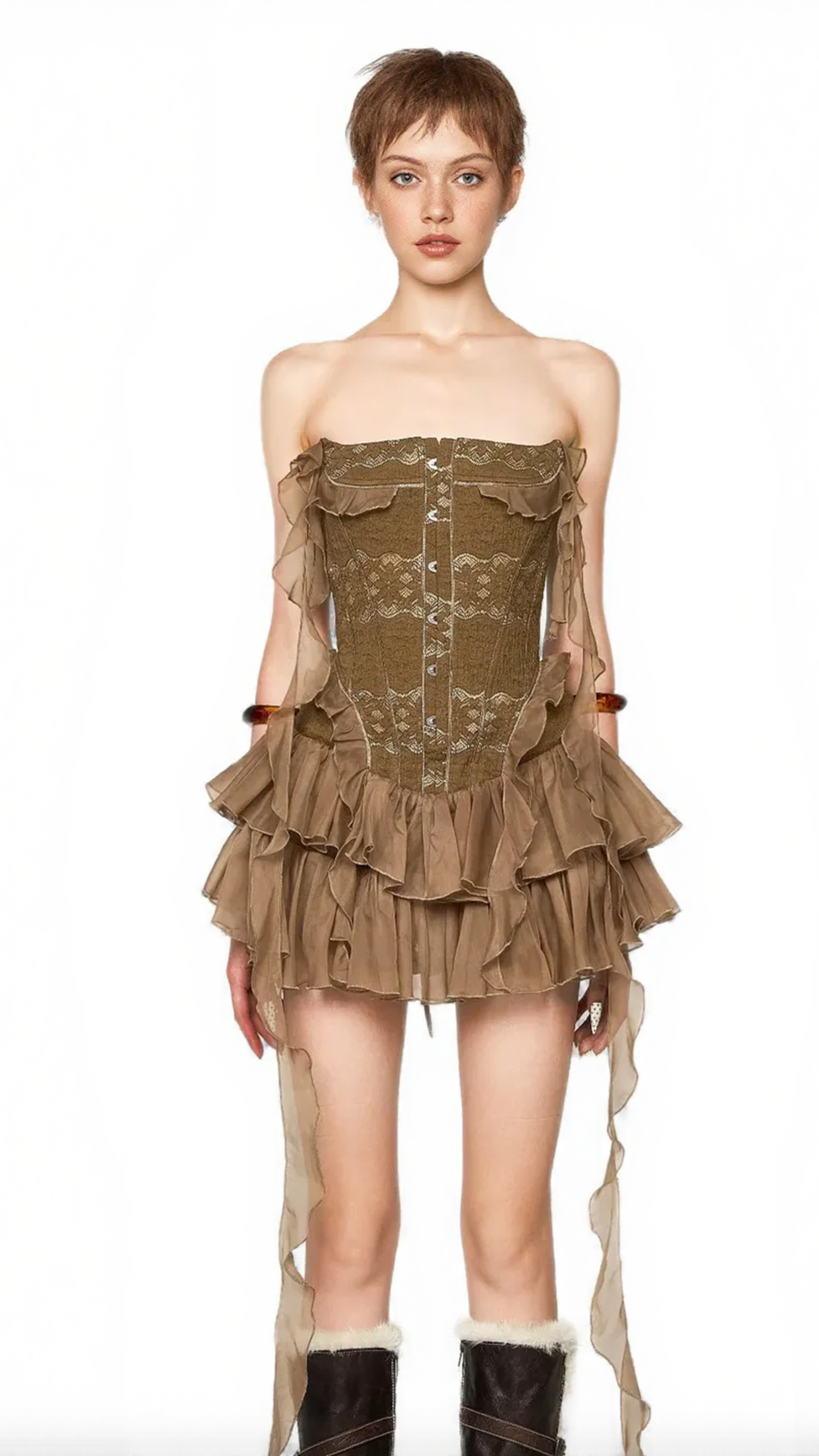 AIIZIE ALTHEA RUFFLE TRIM FISH BONES MINI DRESS IN BROWN - product image