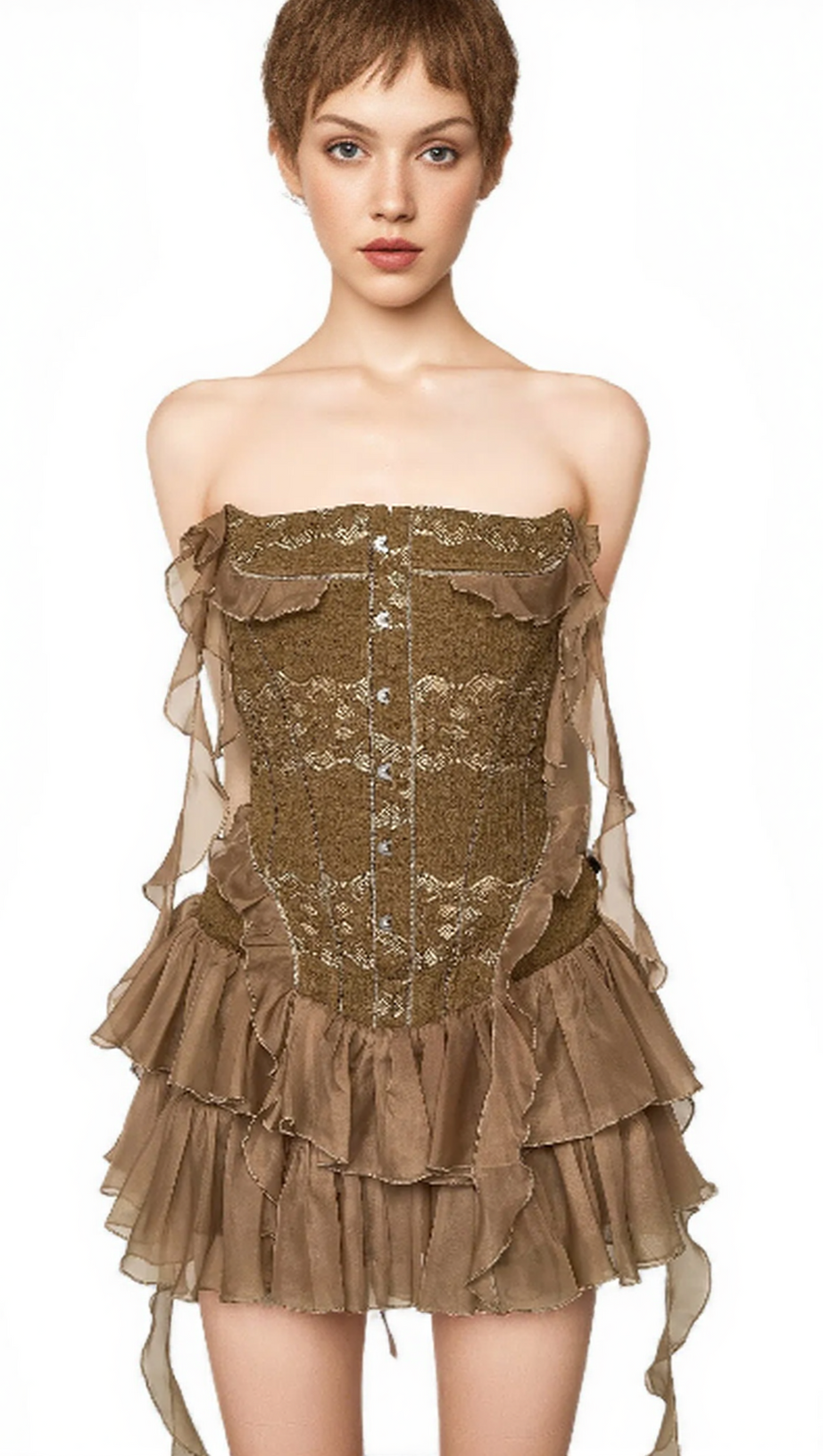 ALTHEA RUFFLE TRIM FISH BONES MINI DRESS IN BROWN